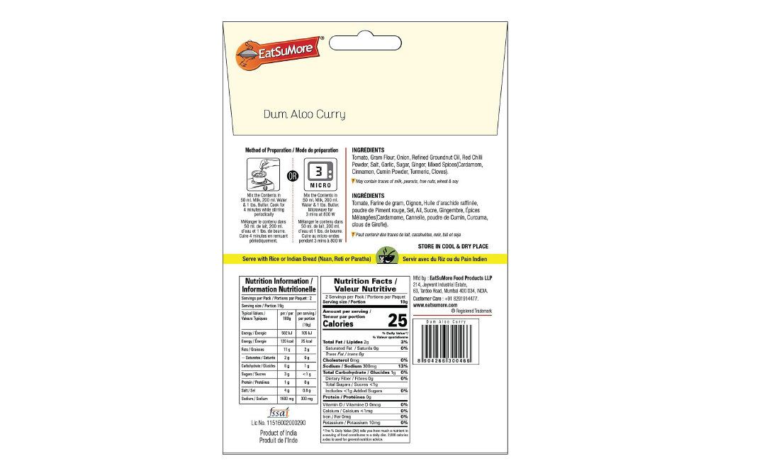 EatSuMore Dum Aloo Curry    Pack  38 grams